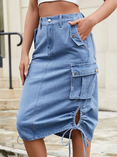 Drawstring Denim Skirt with Cargo Pockets - Byyde