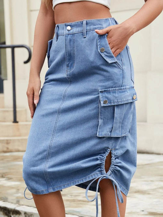 Drawstring Denim Skirt with Cargo Pockets - Byyde