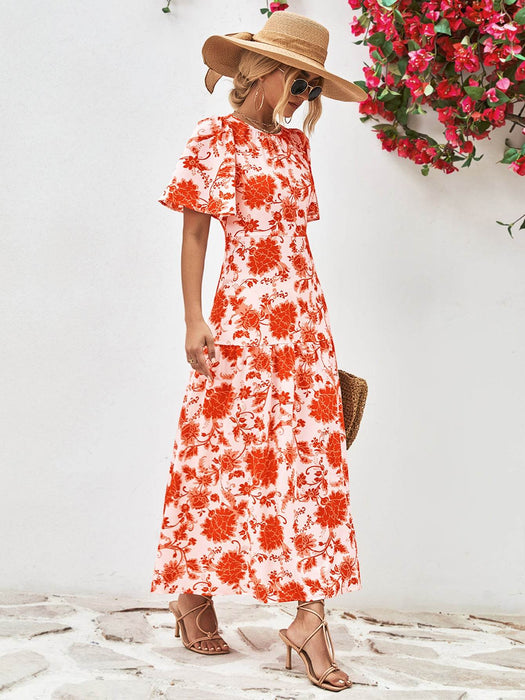 Floral Round Neck Tied Open Back Dress - Byyde