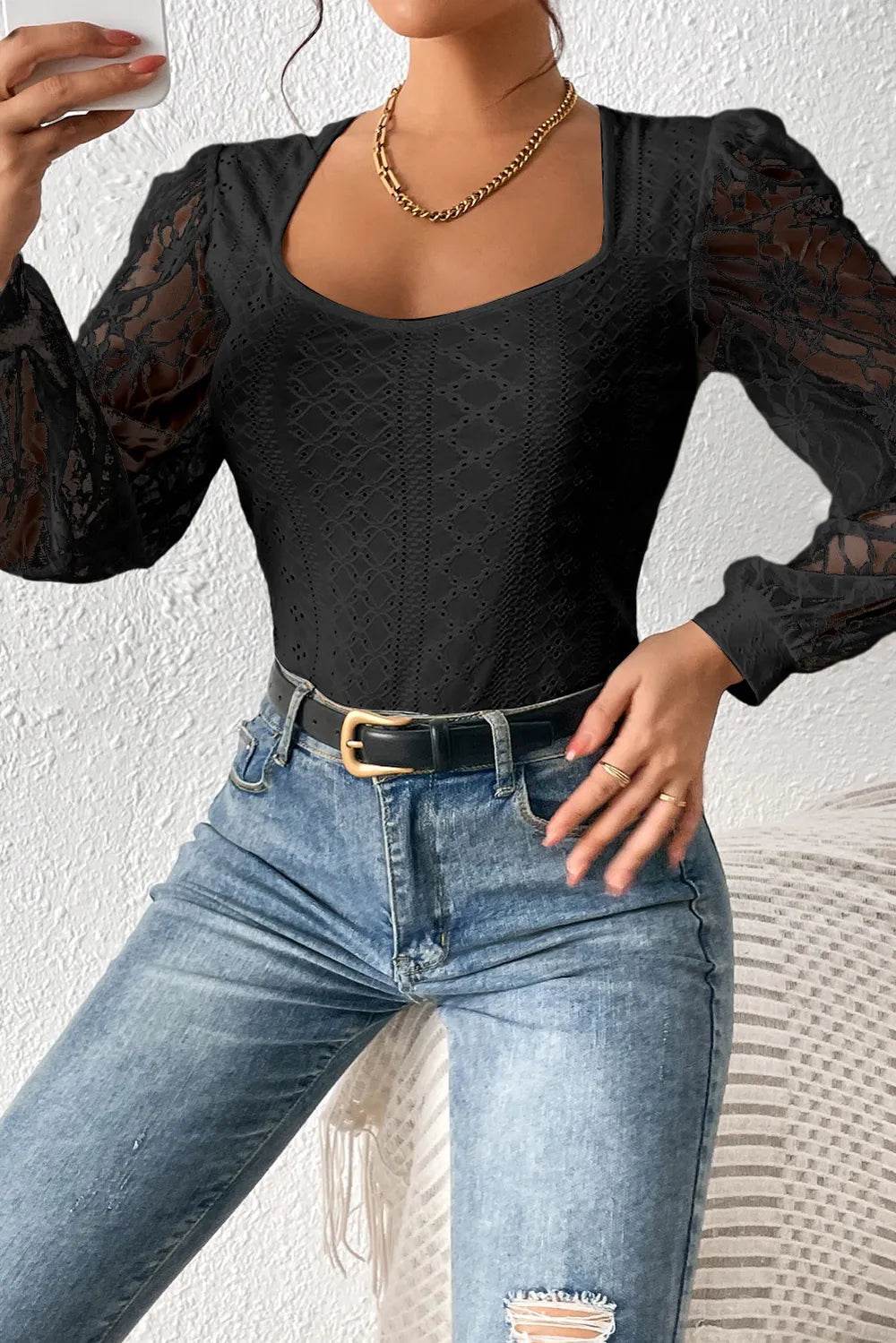 Eyelet Lace Long Sleeve Bodysuit - Byyde