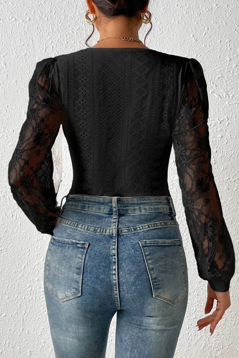 Eyelet Lace Long Sleeve Bodysuit - Byyde
