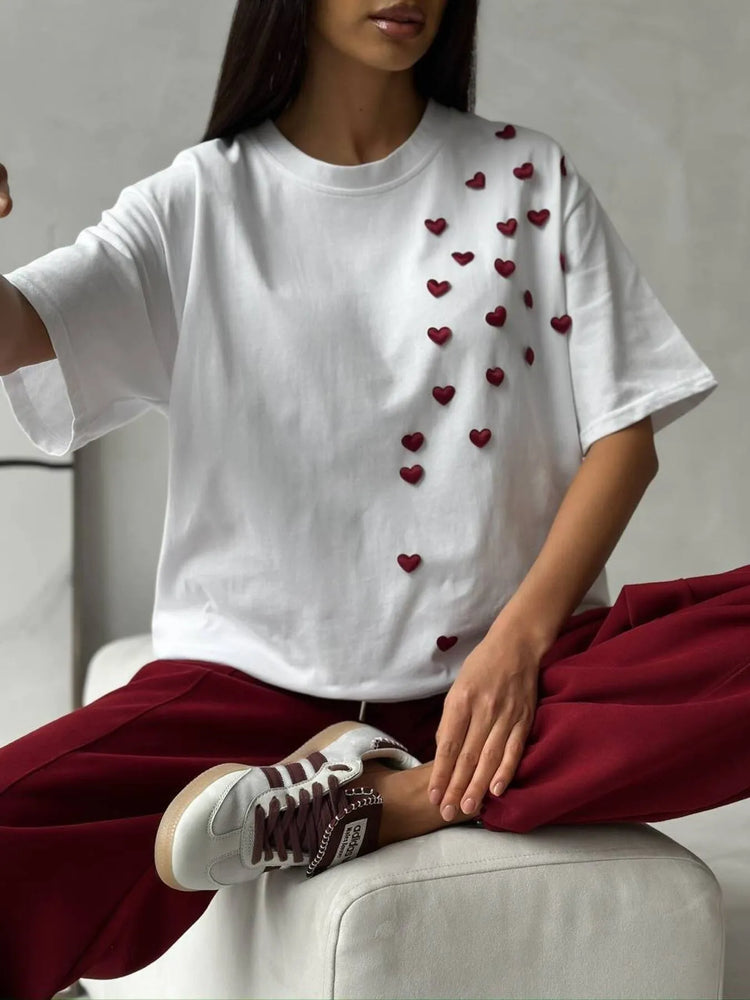 Plus Size Heart Round Neck Short Sleeve T-Shirt - Byyde