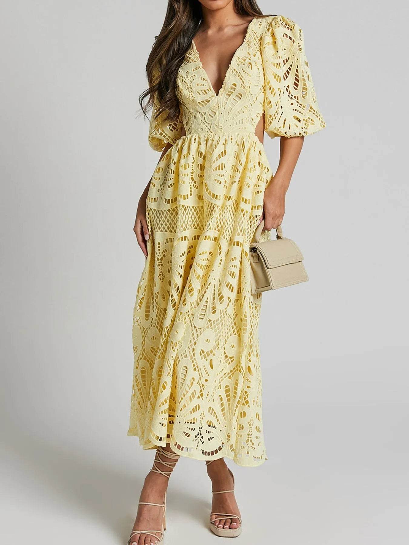 Cutout Back Lace Crochet V-Neck Dress - Byyde