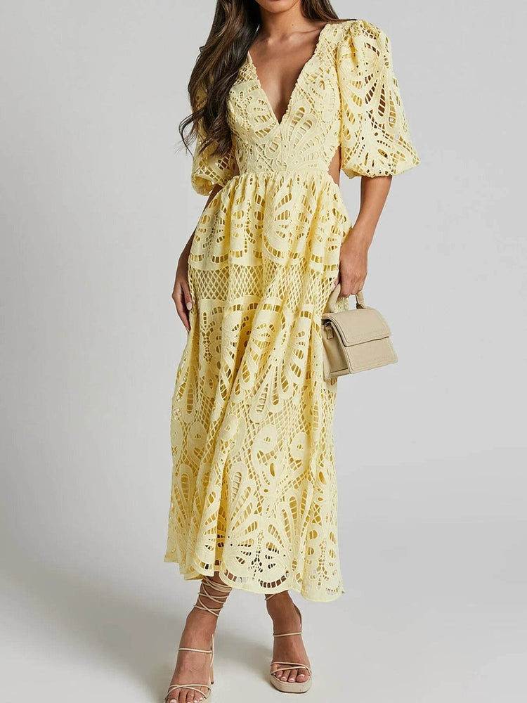 Cutout Back Lace Crochet V-Neck Dress - Byyde