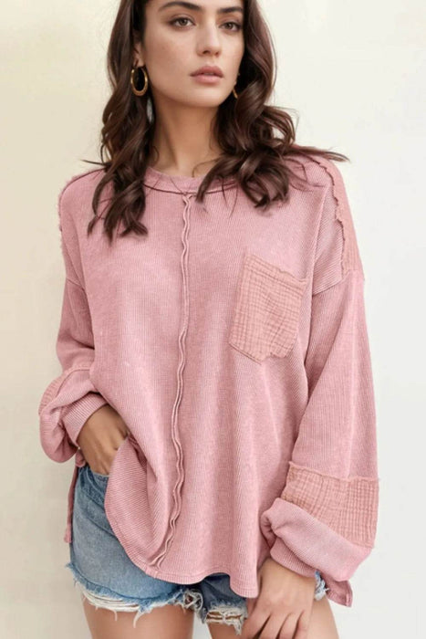Exposed Seam Round Neck Long Sleeve Sweatshirt - Byyde