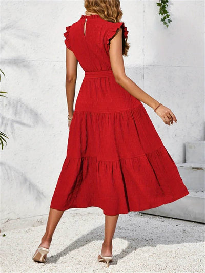 Frill Mock Neck Ruffled Cap Sleeve Midi Dress - Byyde