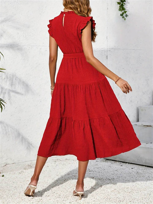 Frill Mock Neck Ruffled Cap Sleeve Midi Dress - Byyde