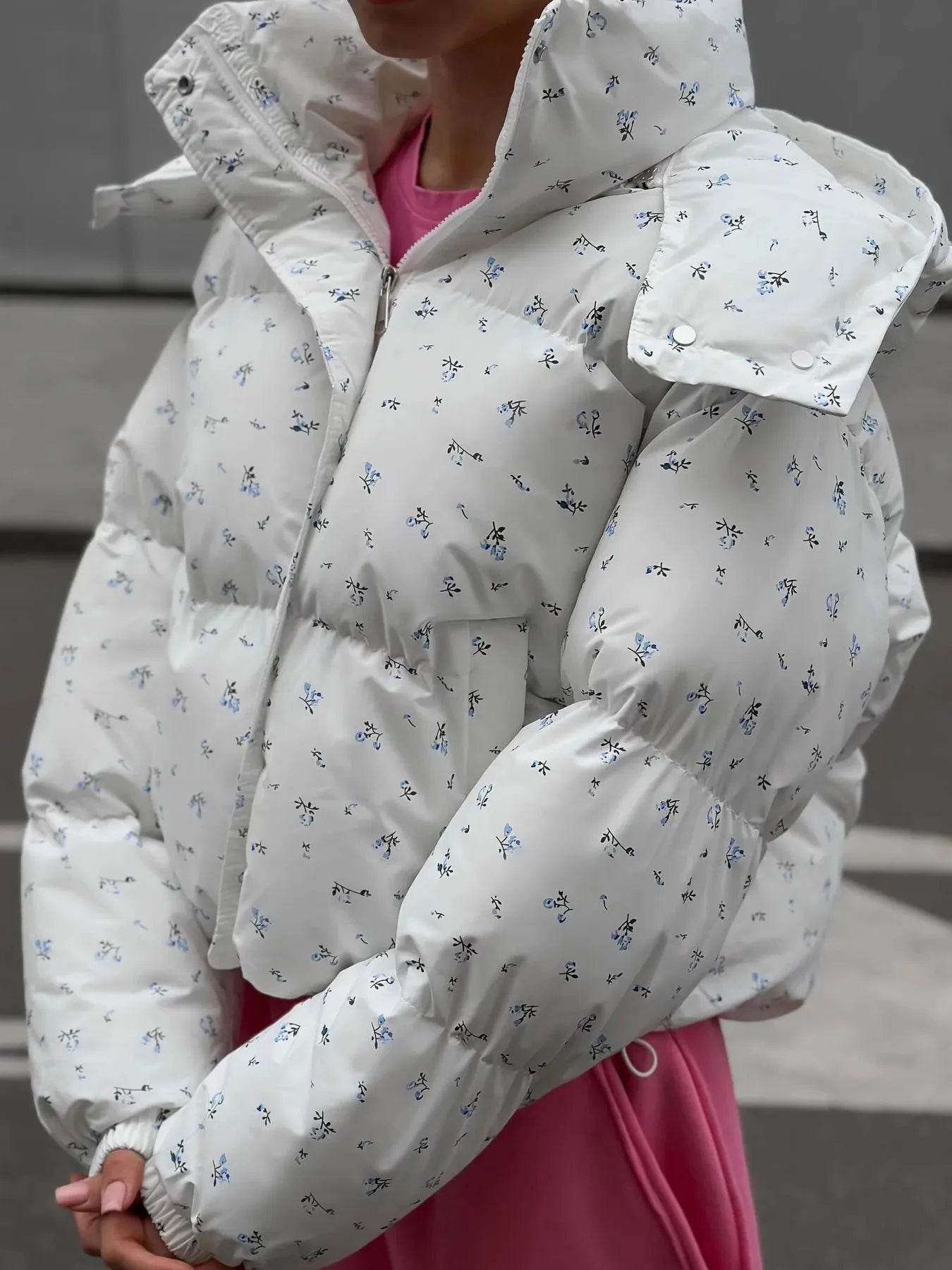 Floral Print Puffer Jacket with Hood - Byyde