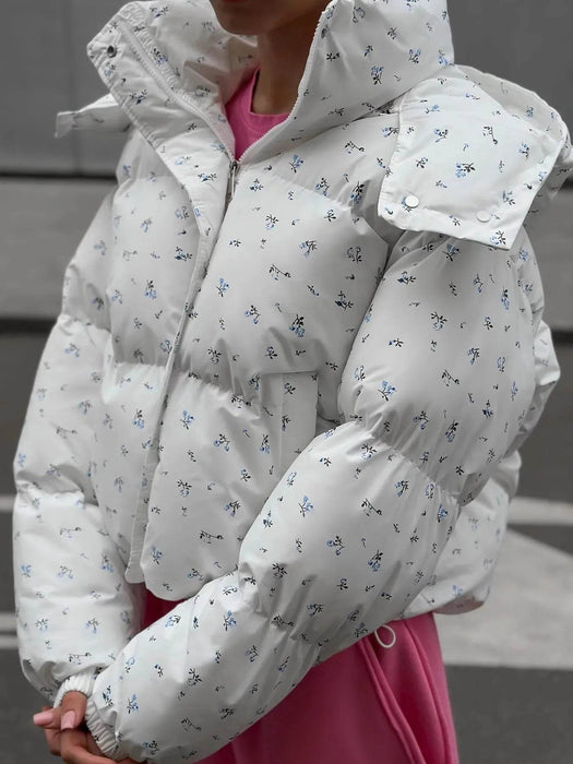 Floral Print Puffer Jacket with Hood - Byyde