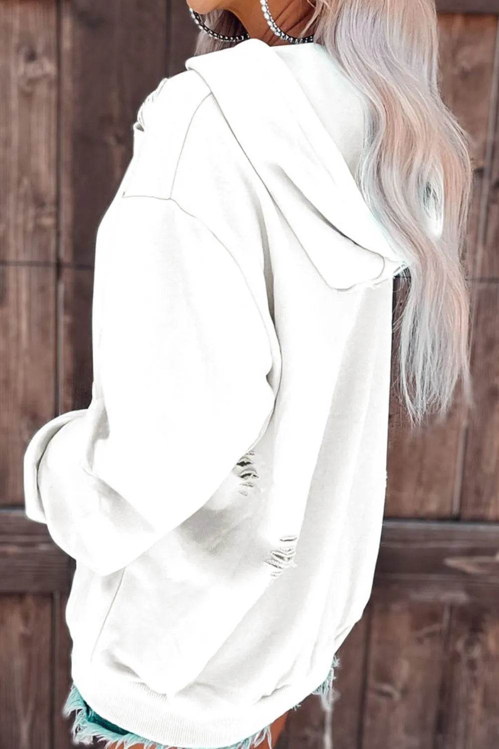 Distressed Drawstring Long Sleeve Hoodie - Byyde