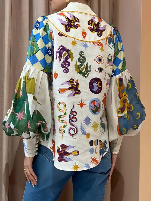 Printed Button Up Lantern Sleeve Shirt - Byyde