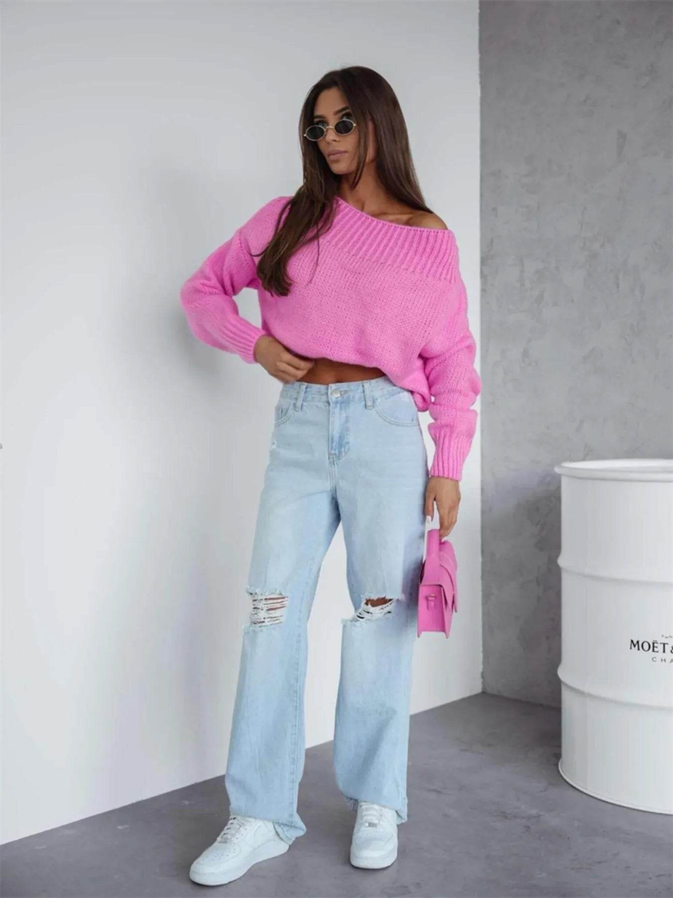 Boat Neck Drop Shoulder Sweater - Byyde
