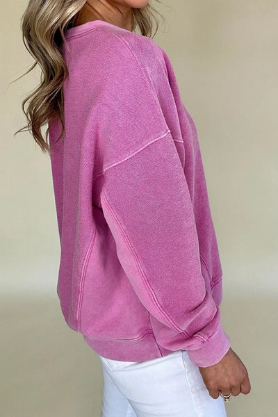 Notched Drop Shoulder Long Sleeve Sweatshirt - Byyde