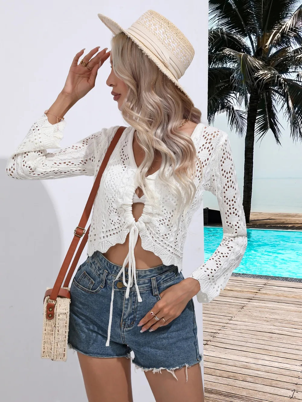 Openwork Drawstring V-Neck Long Sleeve Cover-Up - Byyde