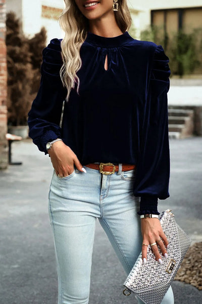 Tie Up Mock Neck Velvet Fabric Long Sleeve Blouse - Byyde