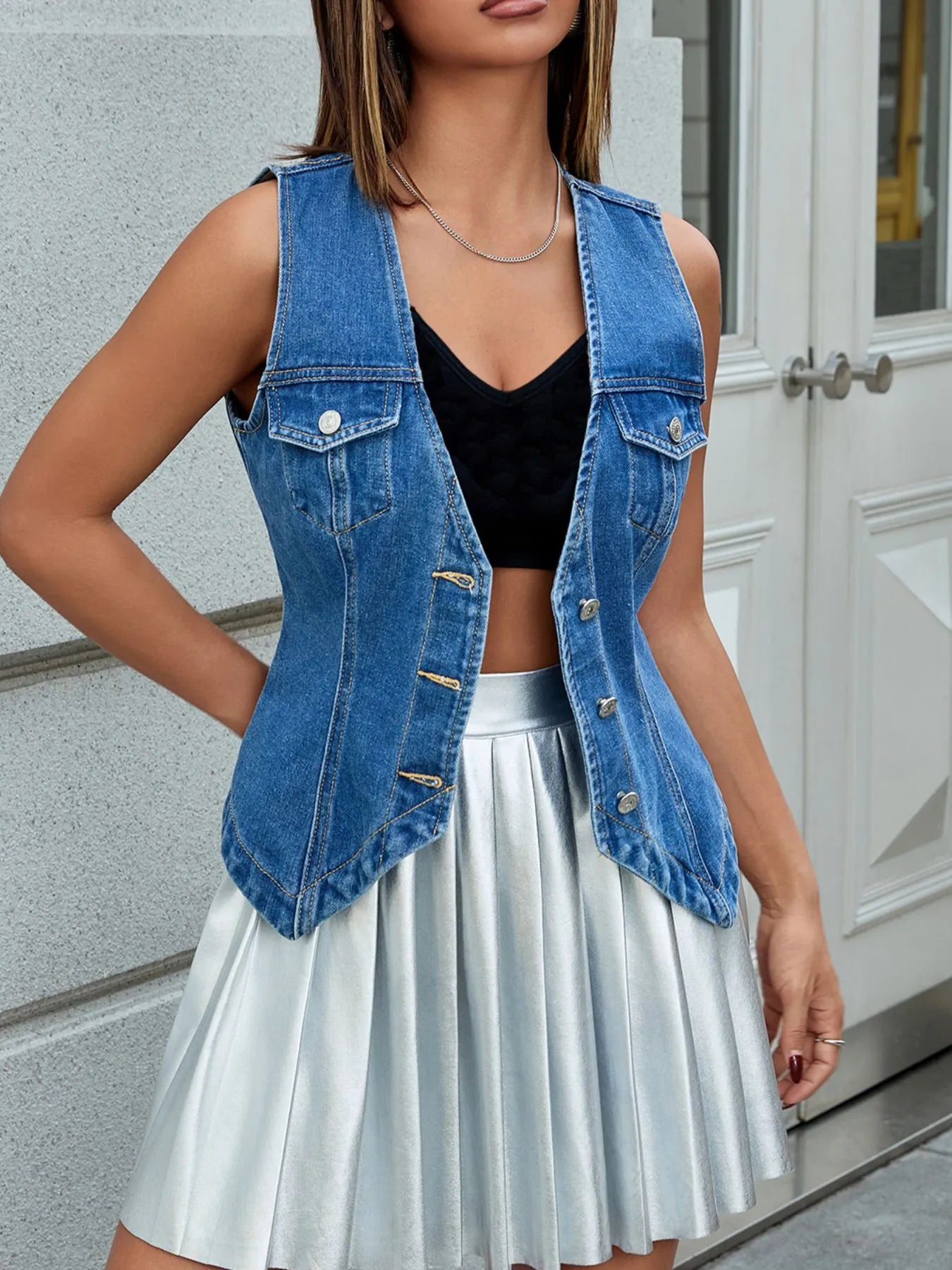 V-Neck Button-Front Denim Vest - Byyde