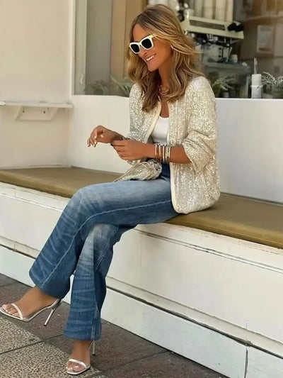Sequin Zip Up Long Sleeve Jacket - Byyde