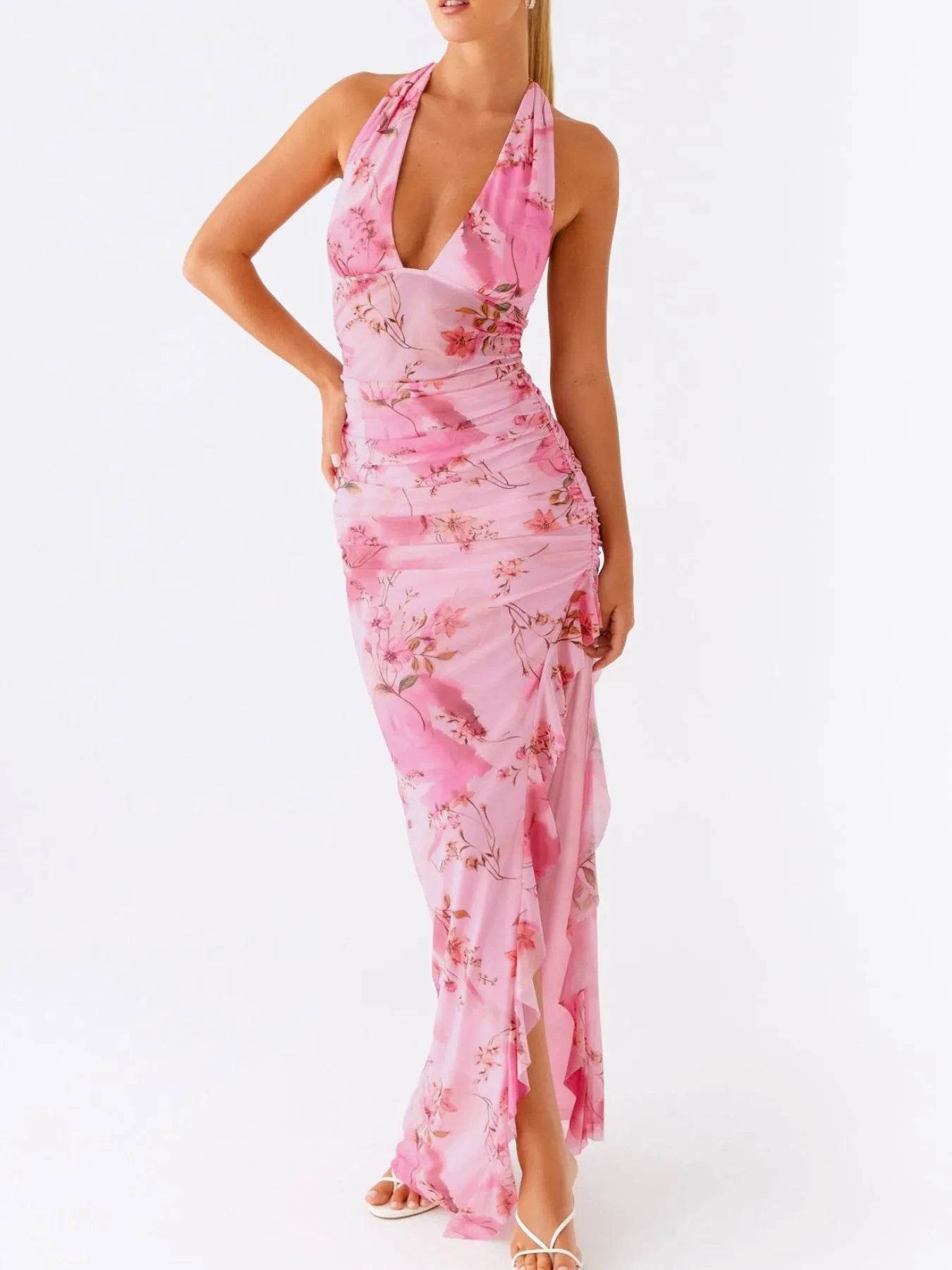 Ruffled Floral Print Halter Neck Cami Dress - Byyde