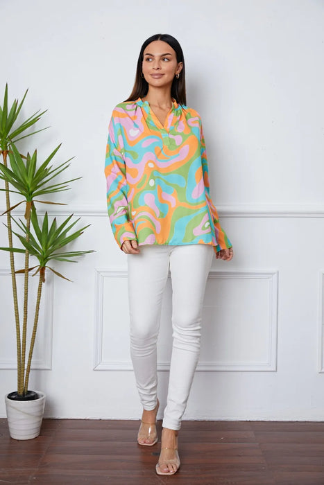 Printed Notched Long Sleeve Blouse - Byyde