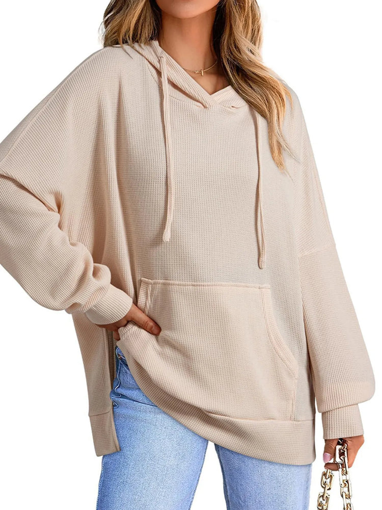 Slit Drawstring Waffle Knit Hoodie - Byyde