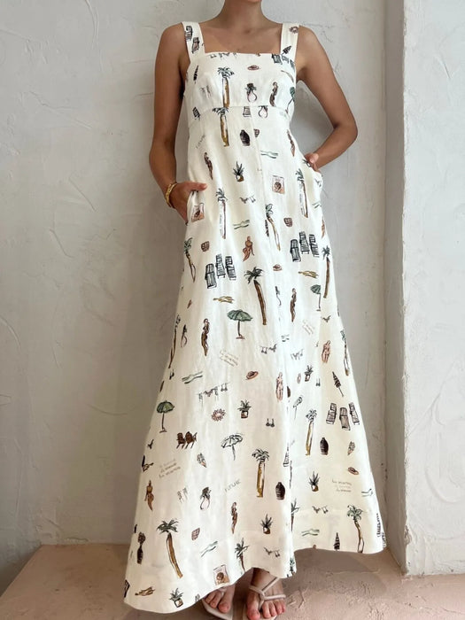 Printed Square Neck Maxi Cami Dress with Pocket - Byyde