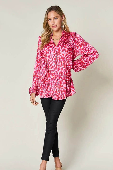 Double Take Full Size Printed Ruffle Trim Balloon Sleeve Shirt - Byyde