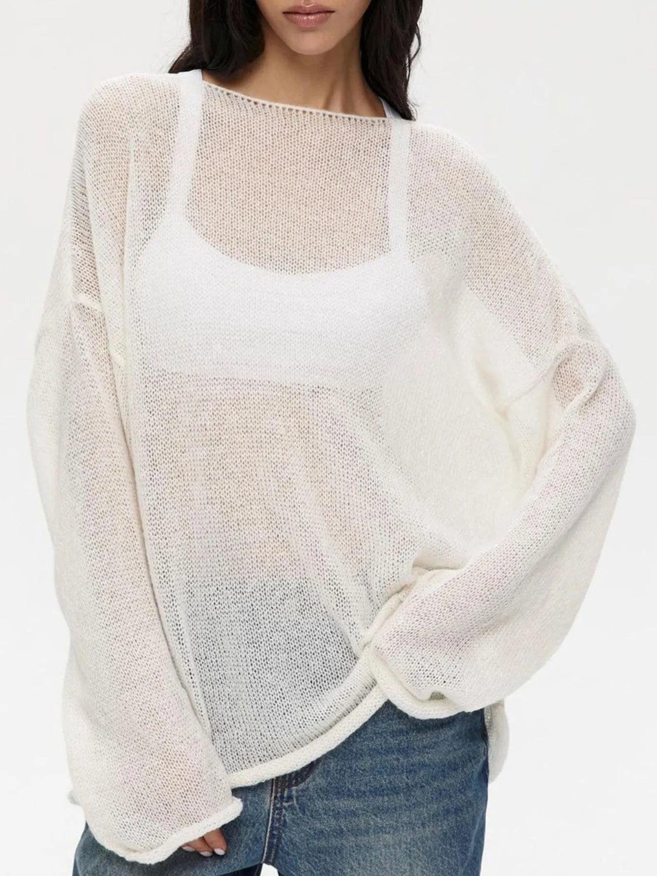 Oversized Drop Shoulder Sheer Knit Top - Byyde