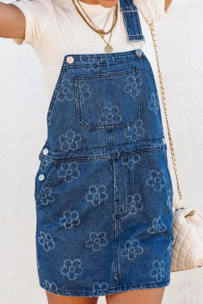 Flower Print Square Neck Denim Overall Dress - Byyde