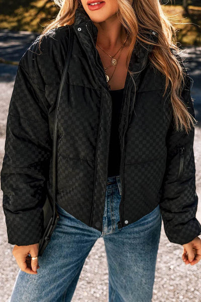 Checkered Turtleneck Zip Up Long Sleeve Winter Coat - Byyde