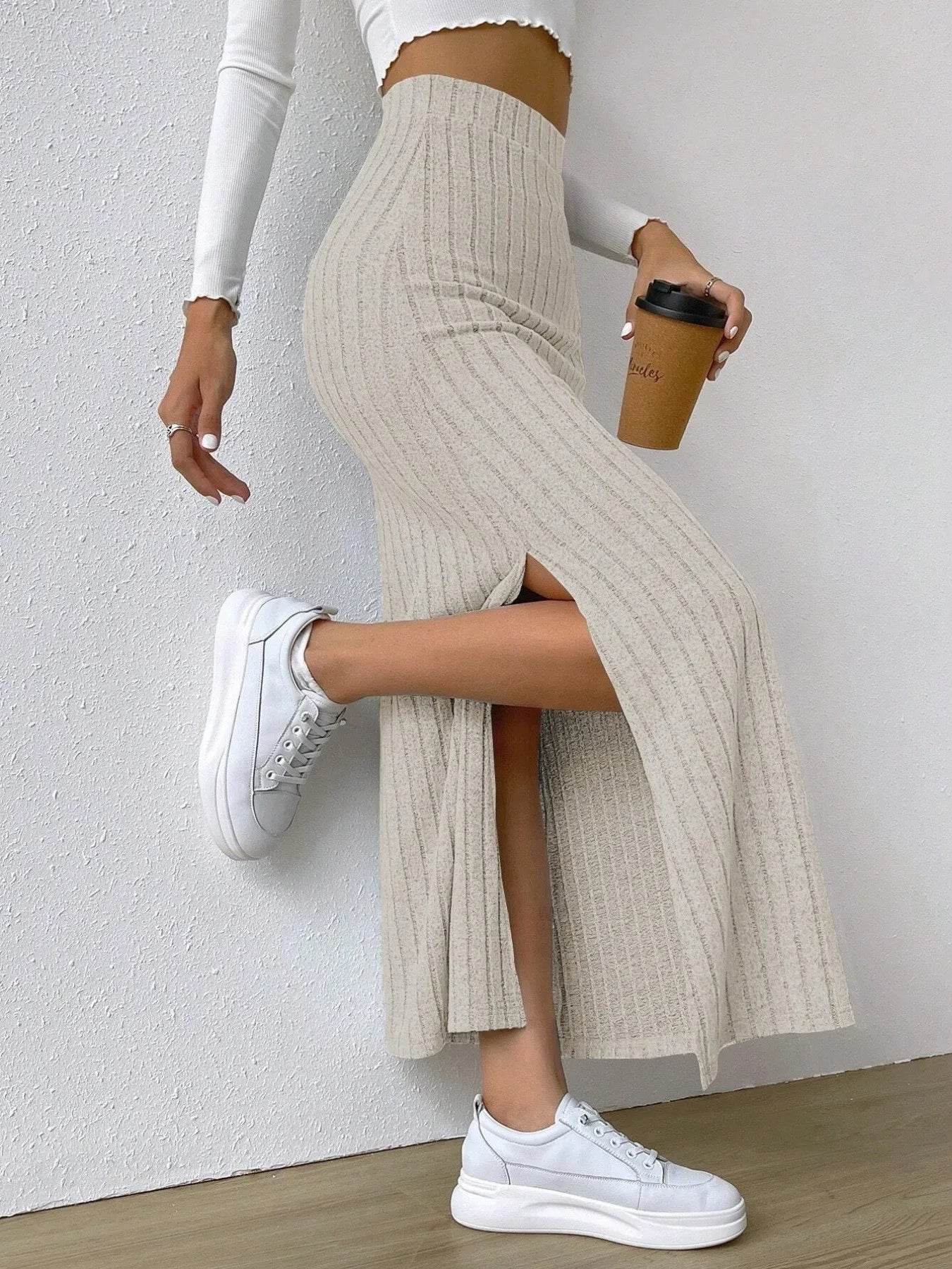 High Waist Ribbed Knit Maxi Skirt - Byyde
