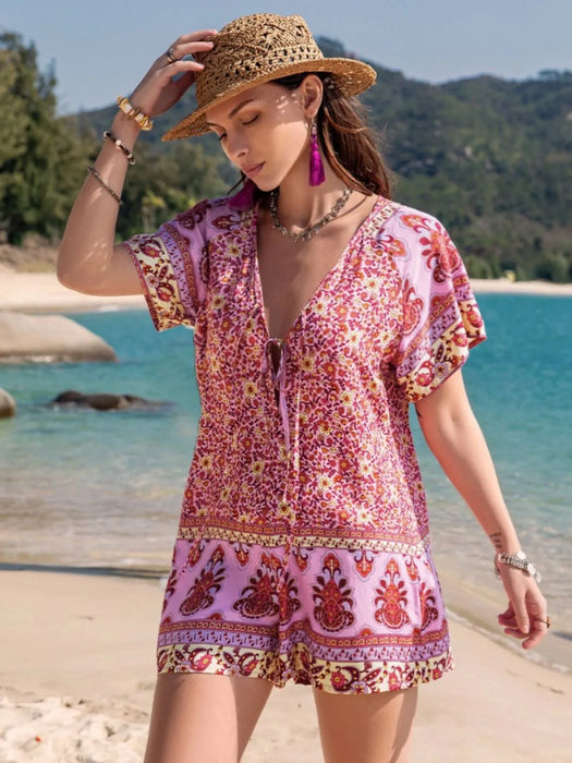 Printed V-Neck Short Sleeve Romper - Byyde