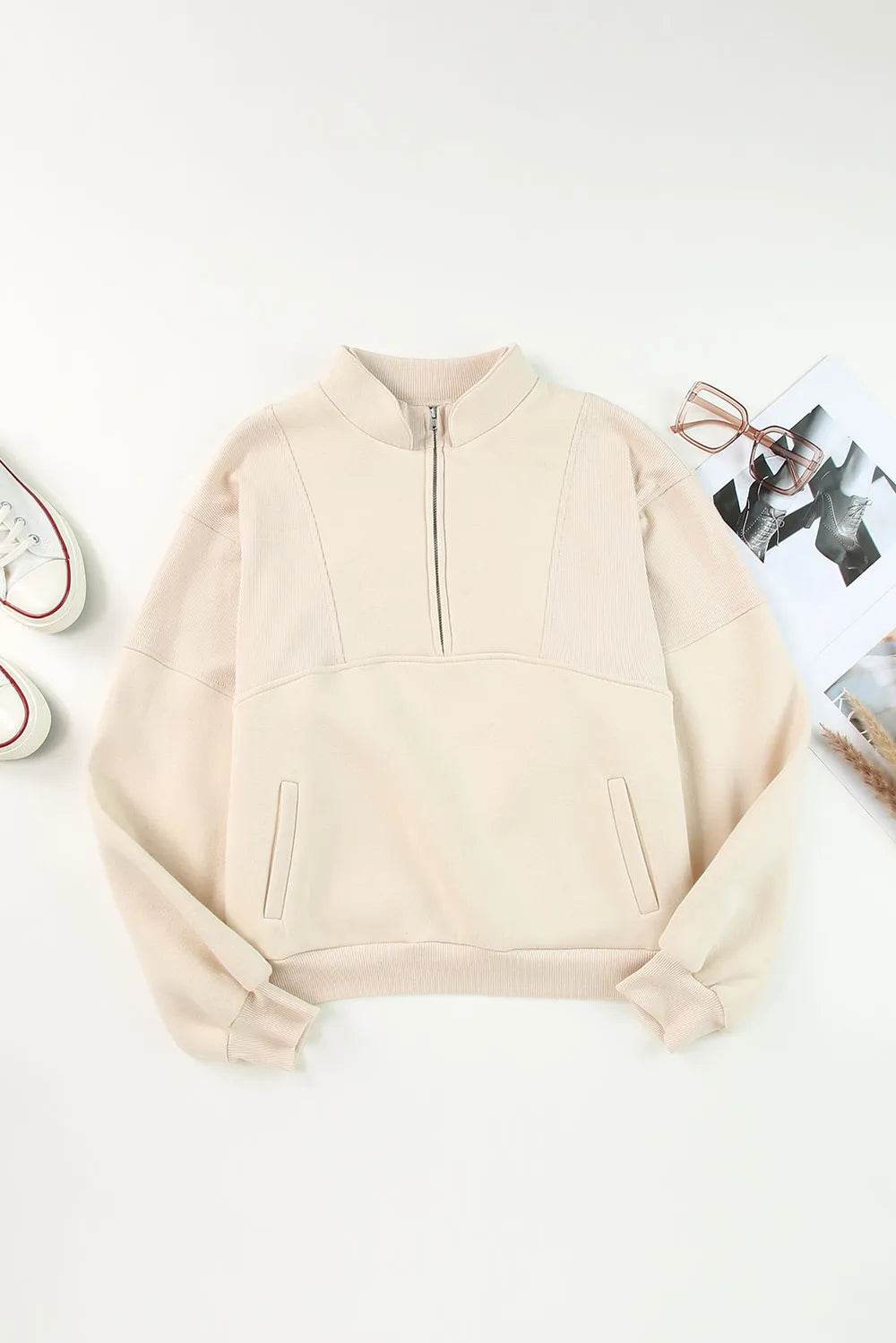 Half Zip Drop Shoulder Long Sleeve Sweatshirt - Byyde