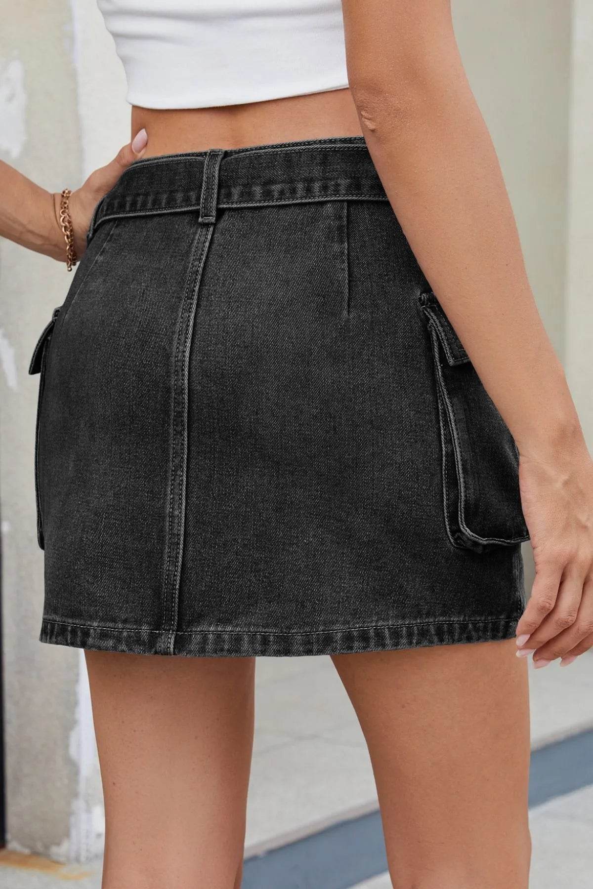 Criss-Cross Waist Detail Denim Mini Skirt - Byyde
