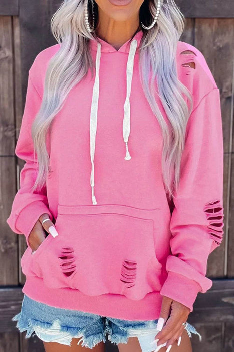 Distressed Drawstring Long Sleeve Hoodie - Byyde
