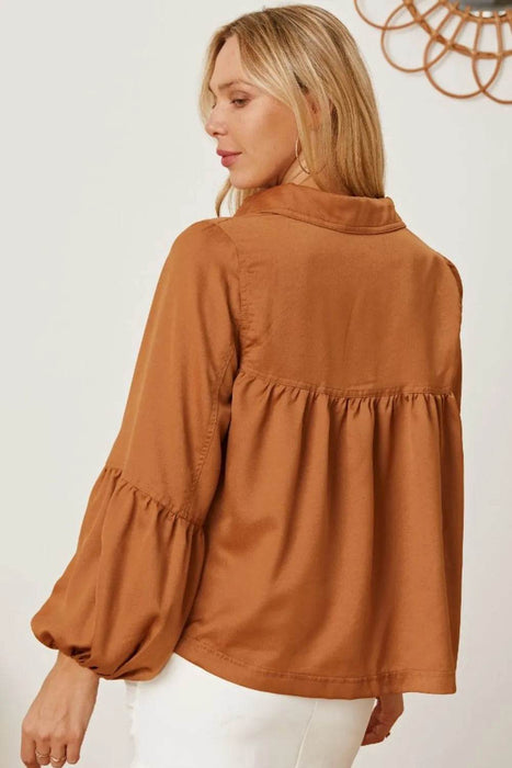 Balloon Sleeve Collared Neck Blouse - Byyde
