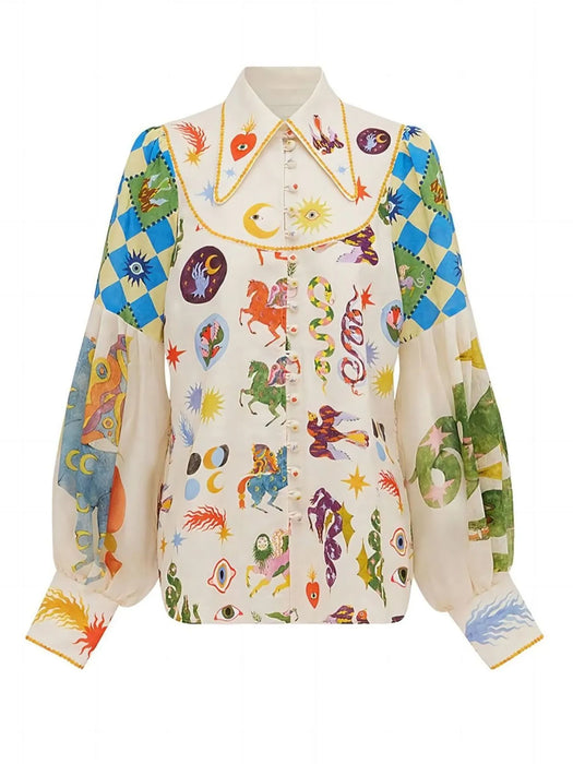 Printed Button Up Lantern Sleeve Shirt - Byyde