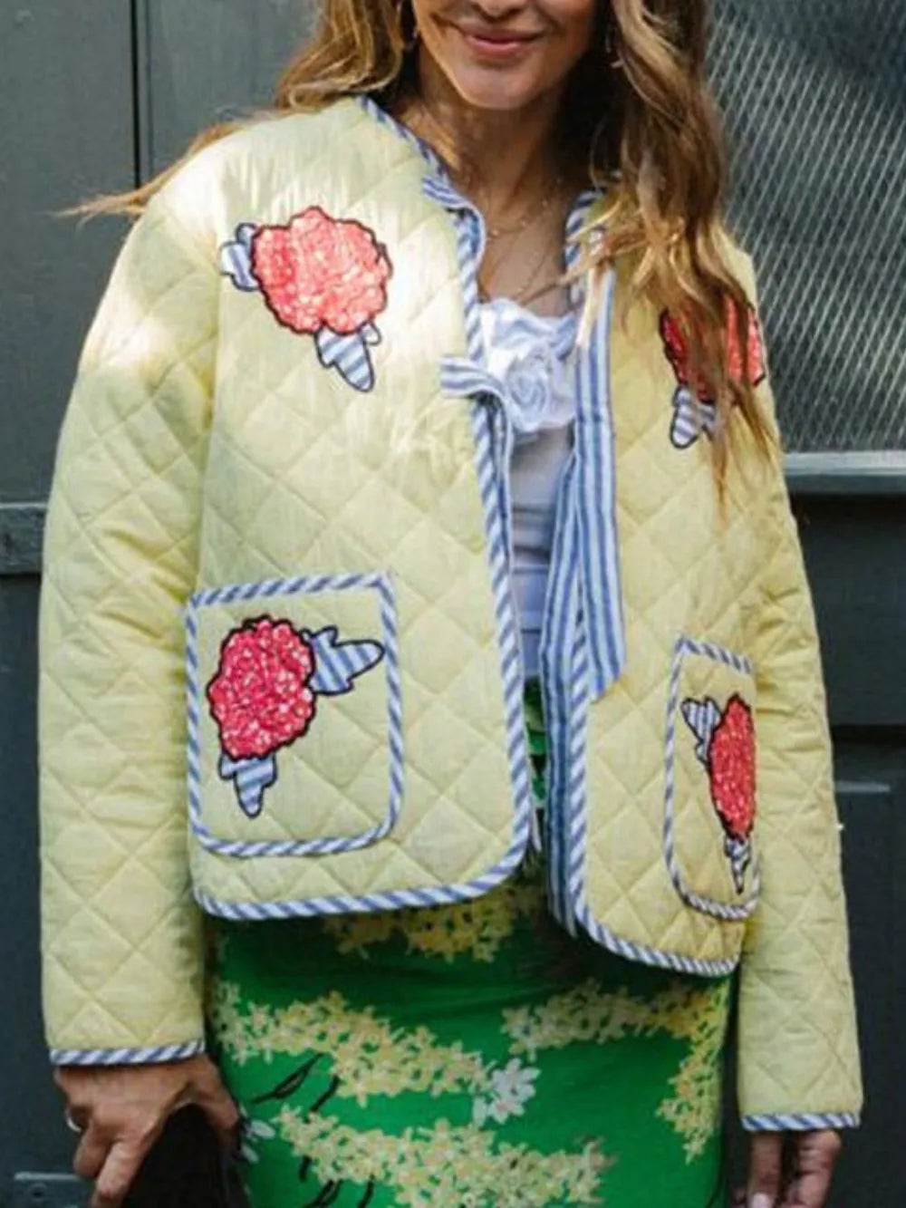 Embroidered Flower Tied Long Sleeve Winter Coat - Byyde
