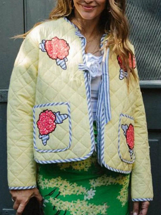 Embroidered Flower Tied Long Sleeve Winter Coat - Byyde