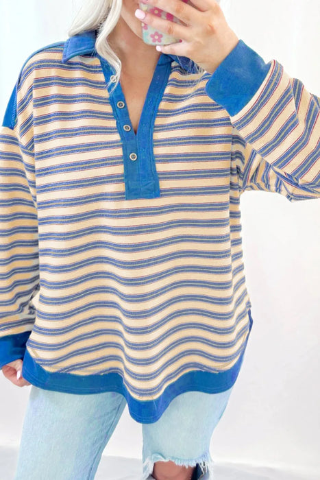 Striped Johnny Collar Long Sleeve Sweatshirt - Byyde