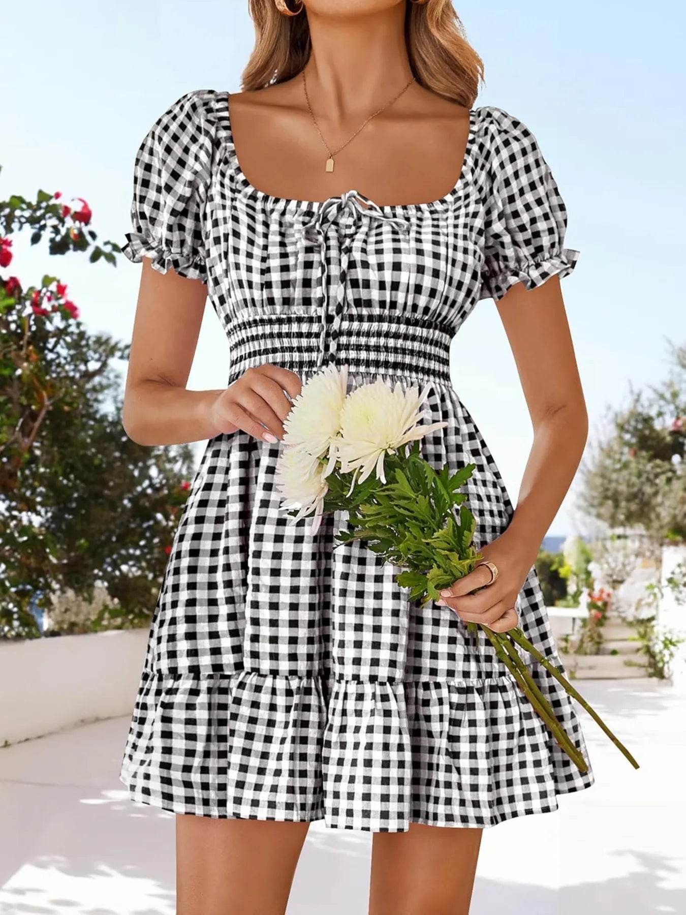Gingham Smocked Puff Sleeve Summer Dress - Byyde