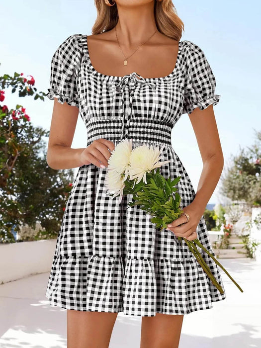 Gingham Smocked Puff Sleeve Summer Dress - Byyde