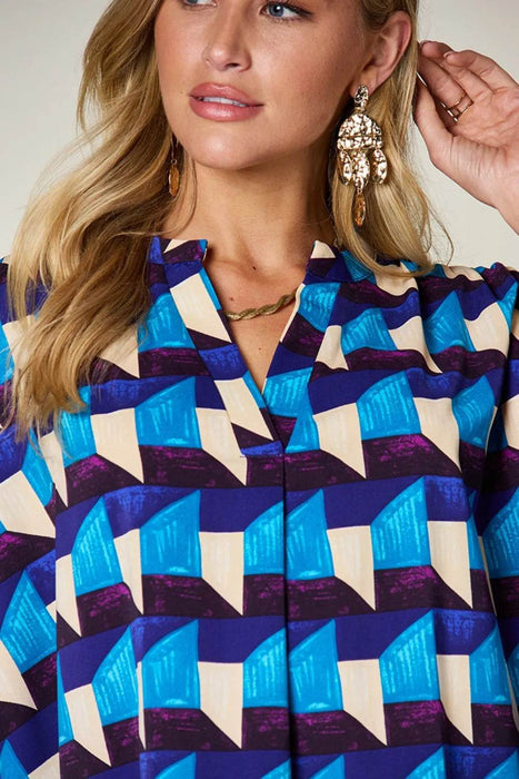 Double Take Full Size Geometric Notched Half Sleeve Blouse - Byyde