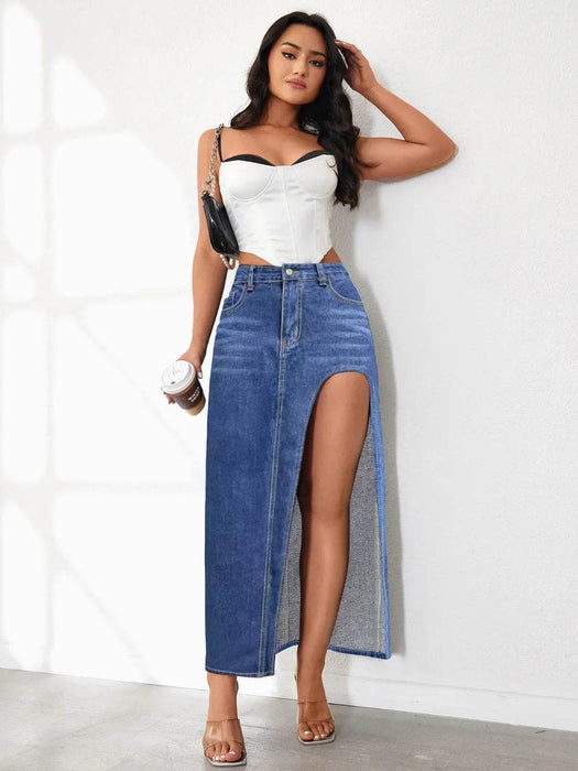 High Rise Slit Denim Skirt - Byyde