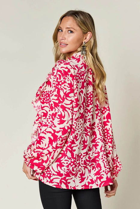 Double Take Full Size Printed Ruffle Trim Balloon Sleeve Shirt - Byyde