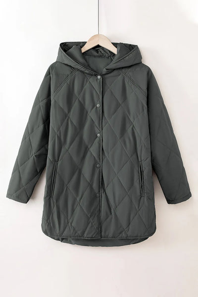 Snap Down Long Sleeve Quilted Winter Coat - Byyde