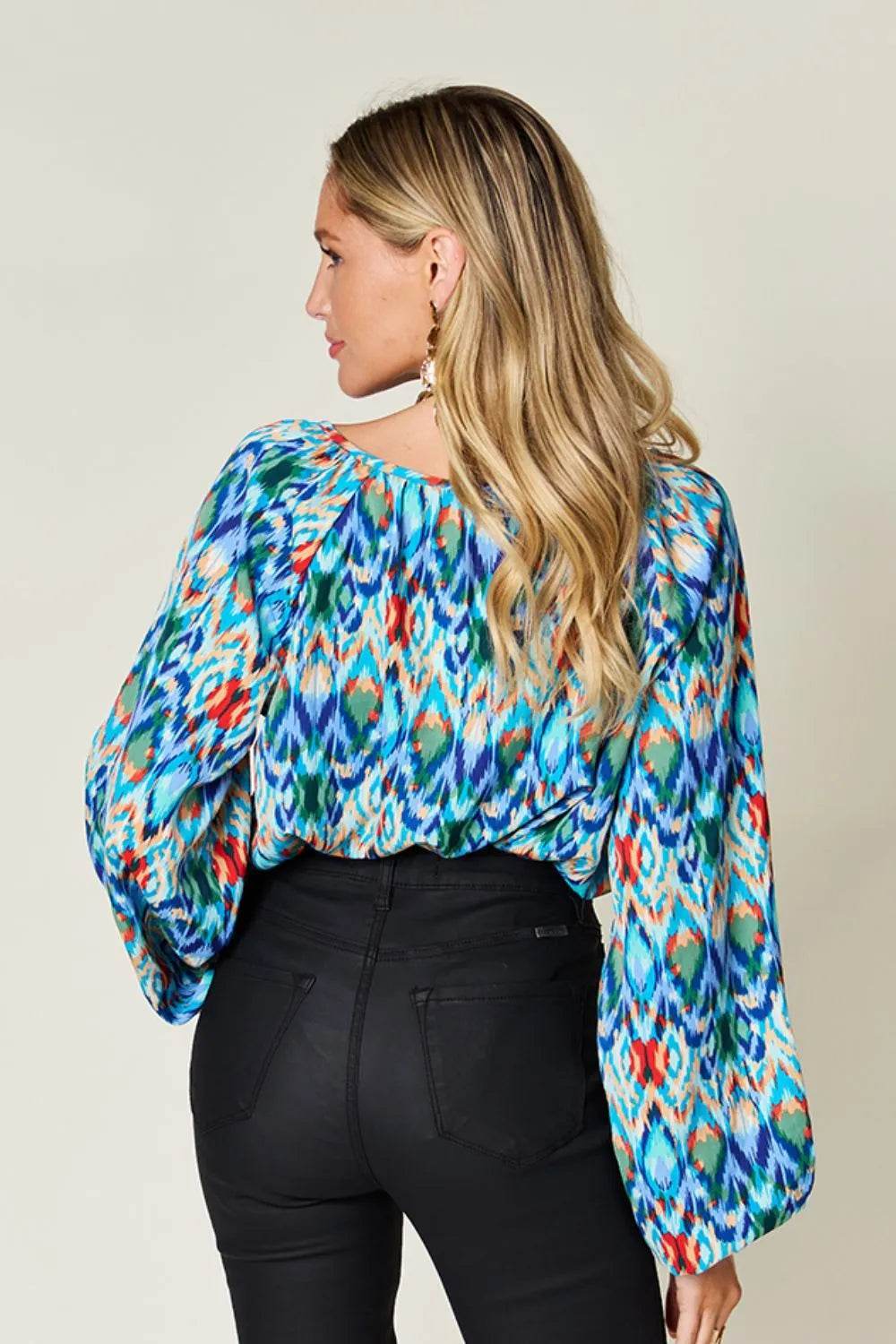 Double Take Full Size Printed Balloon Sleeve Blouse - Byyde