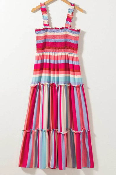 Contrast Stripe Wide Strap Smocked Tiered Dress - Byyde