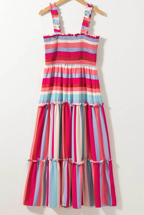 Contrast Stripe Wide Strap Smocked Tiered Dress - Byyde