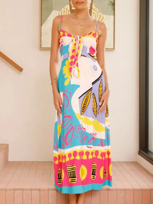 Tied Front Printed Slit Maxi Cami Dress - Byyde