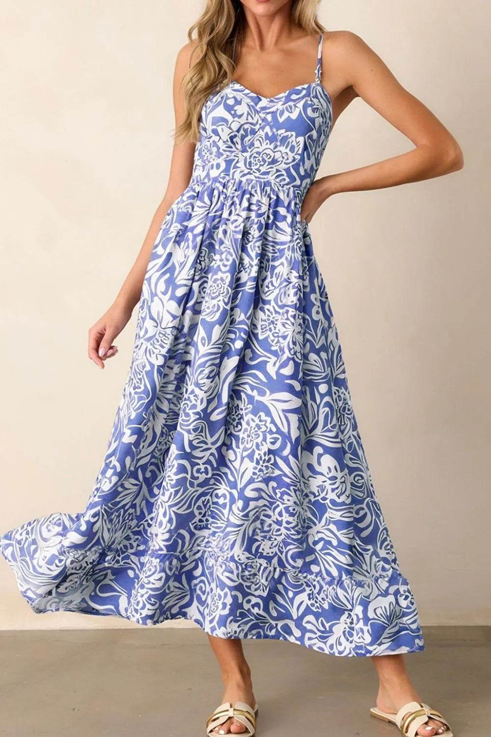 Floral Print Spaghetti Strap High Waist Dress - Byyde